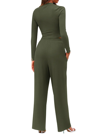 Round Neck Long Sleeve Top and Pants Set