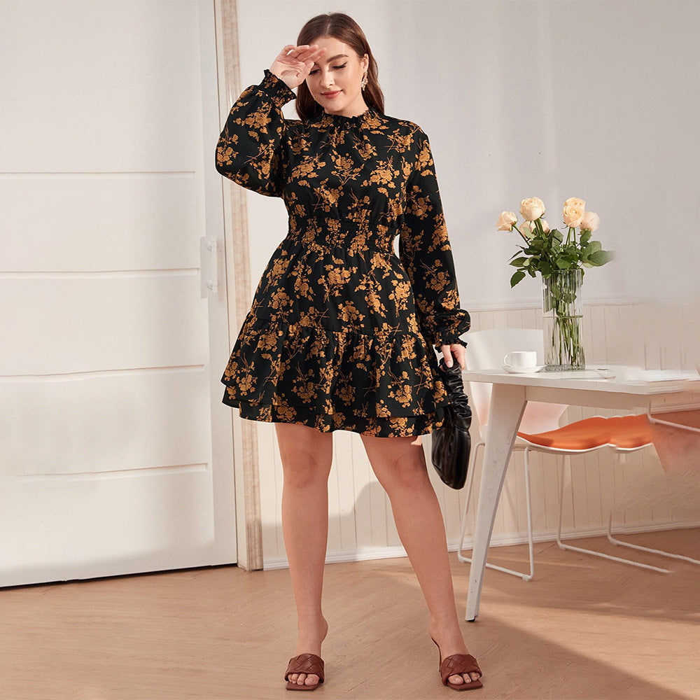 Women’s Floral Ruffle Dress – Turtleneck & Puff Sleeves | Elegant Vintage Style