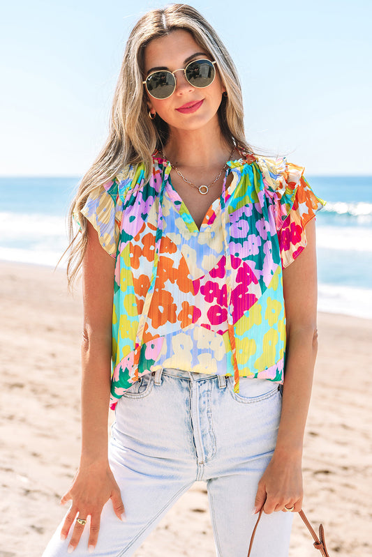 Rosa Flutter Sleeve V Neck Crinkled Blouse-0
