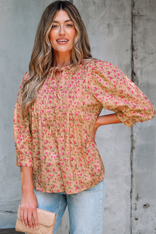 Sadie Floral Bow Pin-tuck Bust Half Puff Sleeve Blouse-0