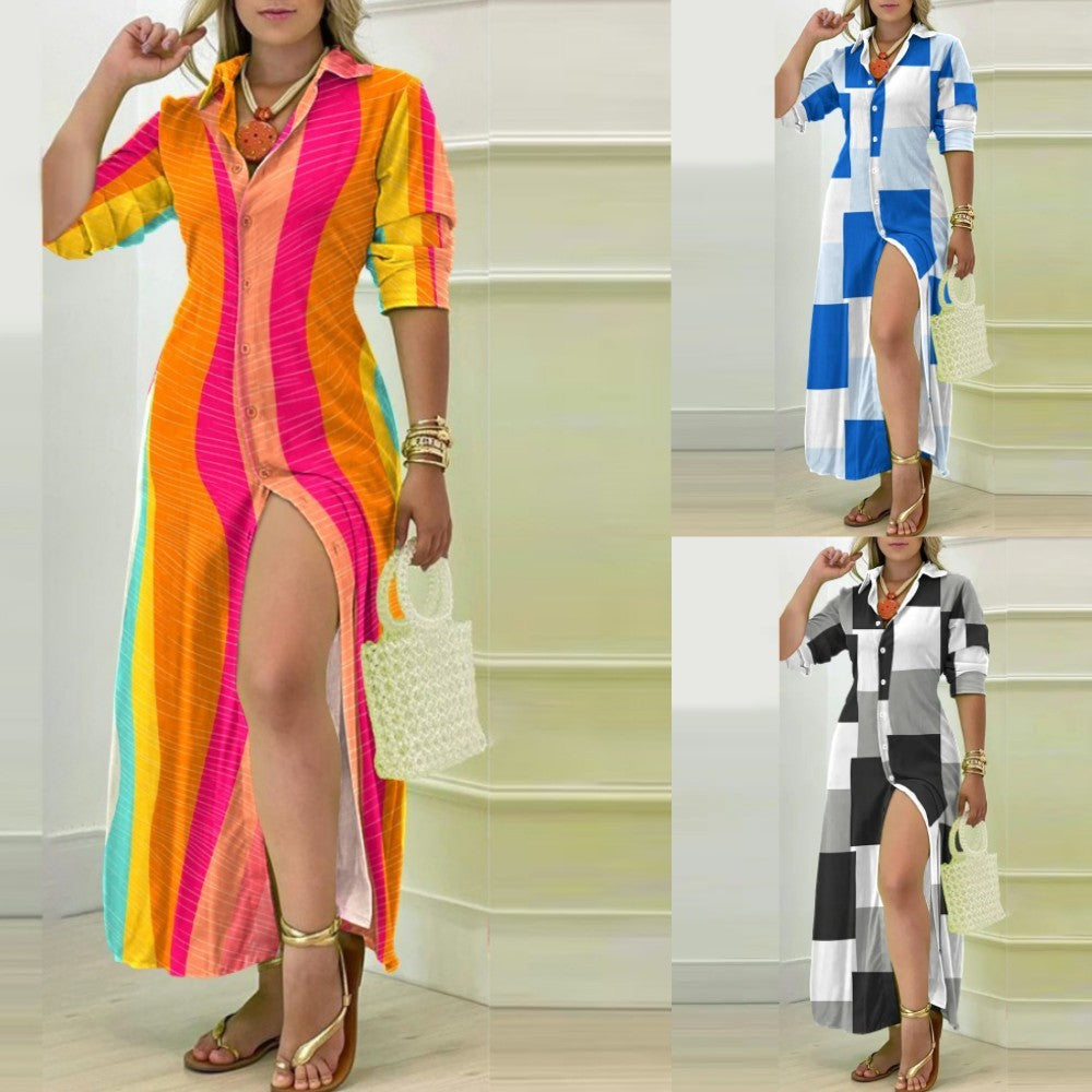 Women's Summer V-Neck Button Shirt Long Sleeve Casual Minimalist Dress
