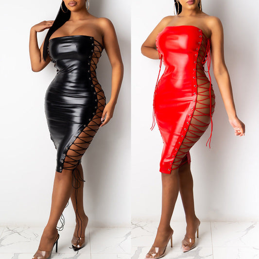 Sheath Dress Corns Lace-up Leather Skirt
