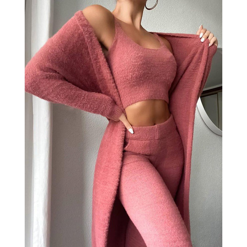 sexy V-neck plush short vest trousers three-piece set women's casual