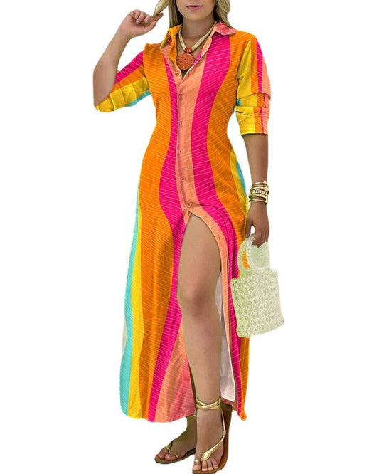 Women's Summer V-Neck Button Shirt Long Sleeve Casual Minimalist Dress