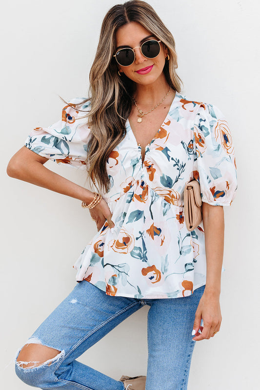 Salome Floral Puff Sleeve V Neck Babydoll Blouse-0