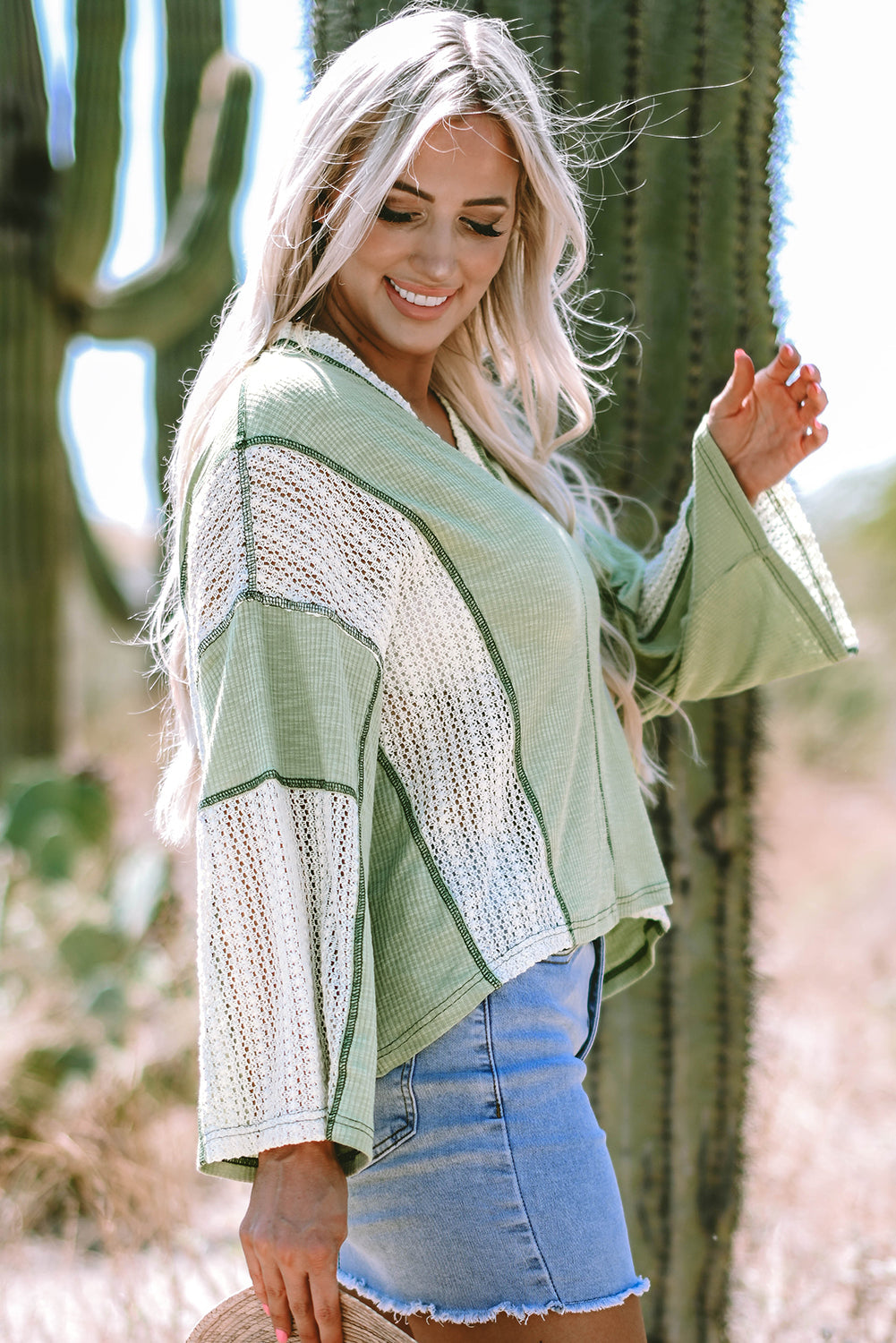 Ruby Crochet Detail Exposed Seam High Low Loose Top-3