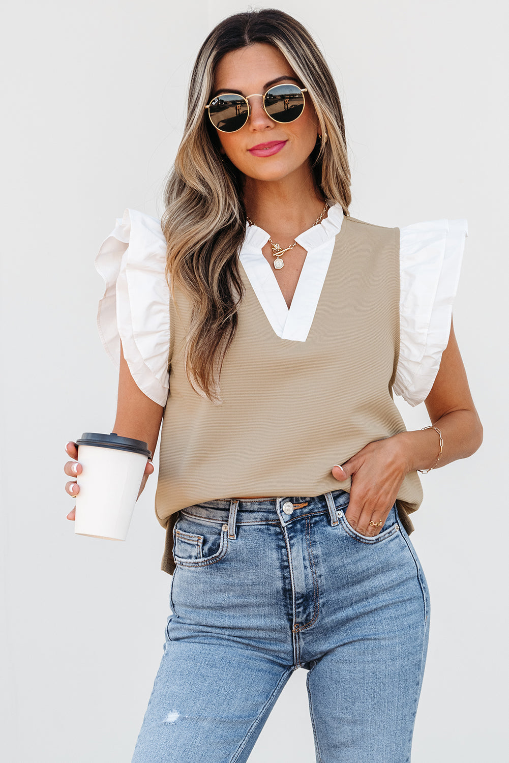 Serena Contrast V Neck Ruffled Textured Knit Top-4