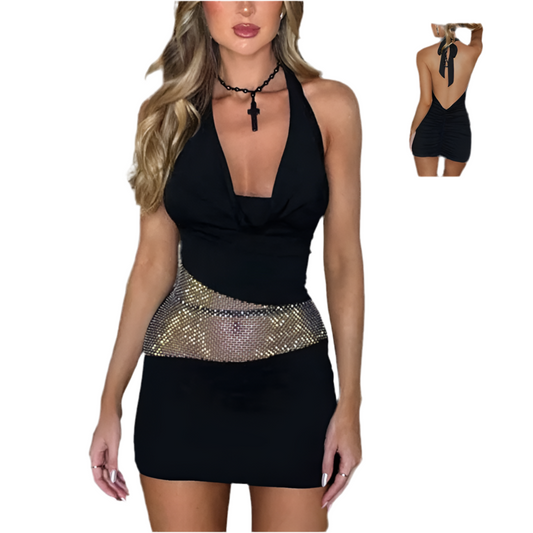 Sexy Slim Deep U-neck Dress With Sequin Mesh Patchwork Design Ins Fashion Halter Short Dresses Women's Clothing
