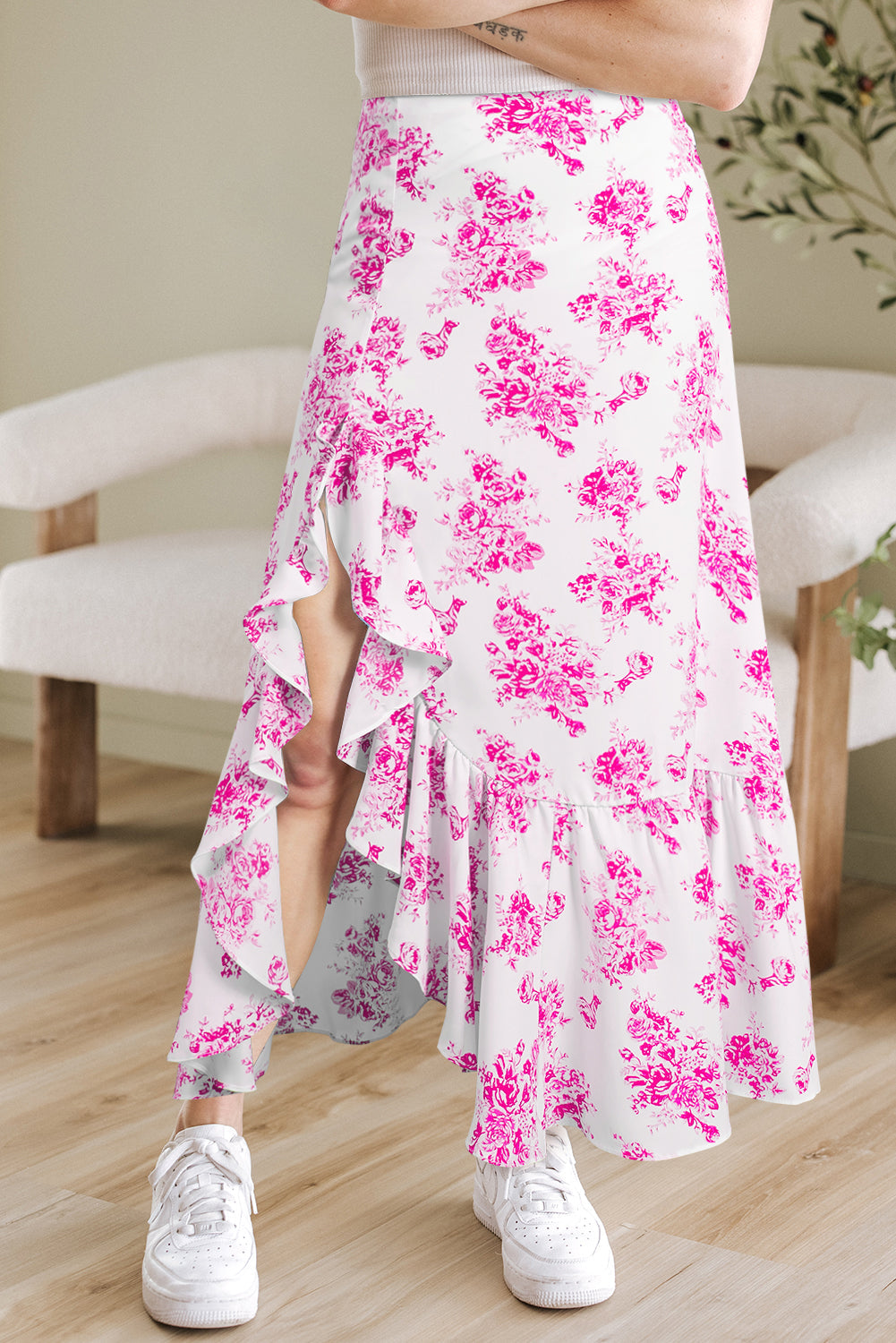 Salma Boho Floral High Waist Ruffle Split Maxi Skirt-6