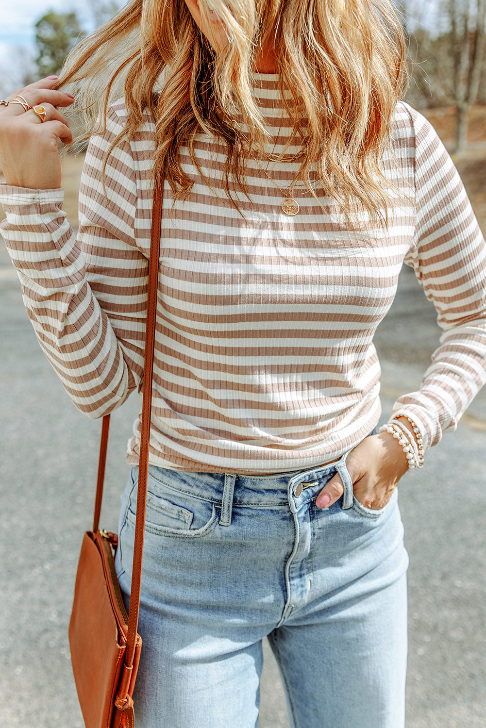 Striped Textured Knit Long Sleeve Tee-2