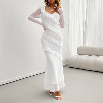 Women's Elegant Slim Fit Mesh V-Neck Dress – Evening Party & Formal Wear
