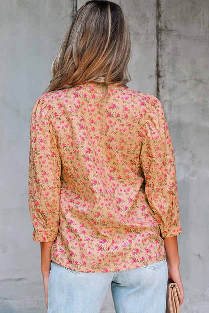 Sadie Floral Bow Pin-tuck Bust Half Puff Sleeve Blouse-1
