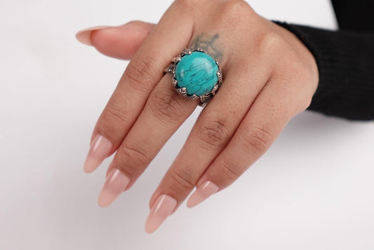 Turquoise Stone Statement Ring – Antique Silver Boho Ring | Vintage Western Style