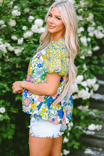 Samira Bubble Sleeve Lace Trim Floral Blouse-2