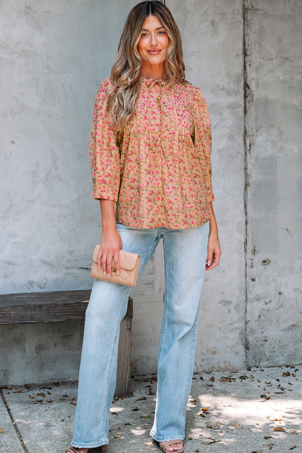 Sadie Floral Bow Pin-tuck Bust Half Puff Sleeve Blouse-4