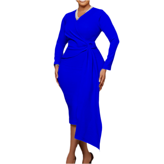 Women's Fashion Plus Size V-neck Long-sleeve Dress