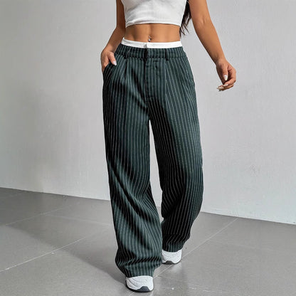 Women's High Waist Stripe Printed Straight-Leg Trousers – Casual Suit Pants with Zipper & Pockets