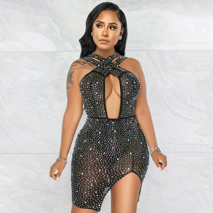 Women's Sexy Mesh Hot Drilling Nightclub Party Dress