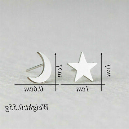 Hypoallergenic Stainless Surgical Steel Silver Star Moon Shape Ear Stud Earrings