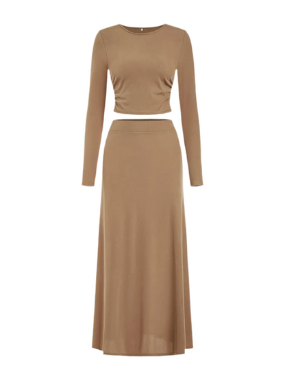Round Neck Long Sleeve Top and Skirt Set