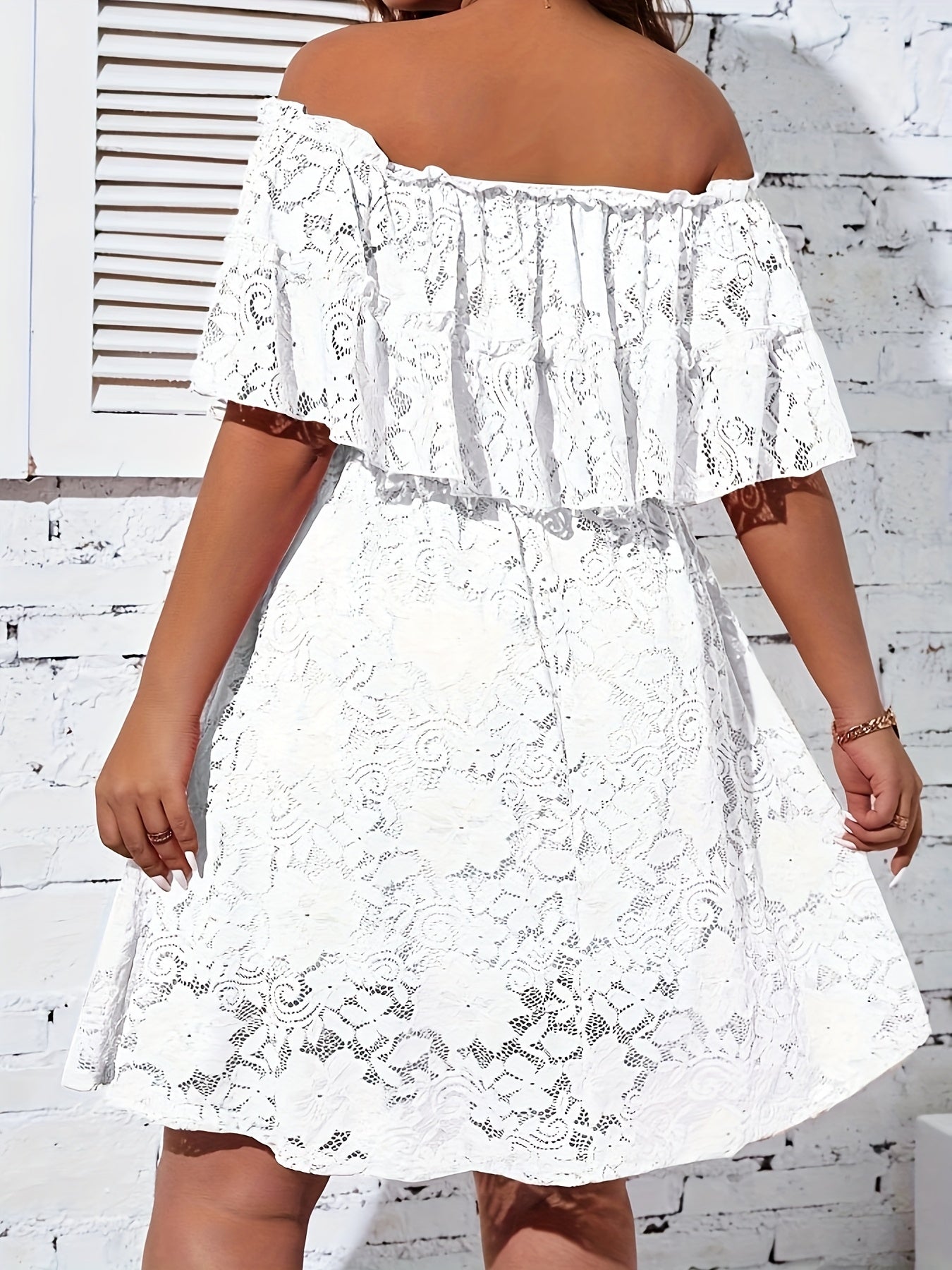 Women's Bohemian Off-Shoulder Lace Dress - Summer Vacation Beach Dress with Ruffled Short Sleeves & High-Low Hem