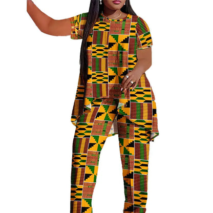 Plus Size European and American Multicolored Plaid Geometric Print Outfit, Fashionable Wide-Leg Pants Set, Comfortable to Wear,