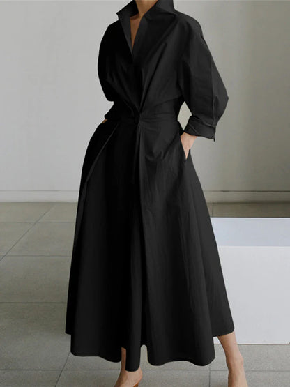Women Autumn Sundress 2023 Elegant Shirt Dress Solid Long Sleeve Maxi Vestidos Female Casual High Waist Robe Oversize 7