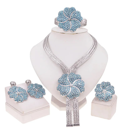 SYHOL Women Jewelry Set 24K Gold Plated Original Brass Necklace with Rhinestone Pendant Earrings Luxury Wedding Silver Jewelry
