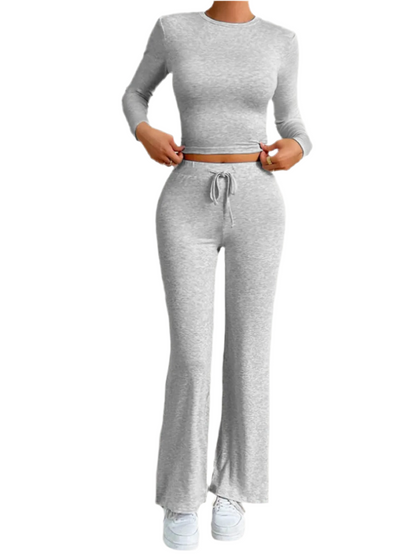 Round Neck Long Sleeve Top and Drawstring Pants Set