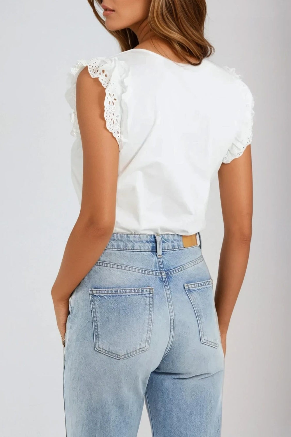 White Ruffle Broderie Anglaise Sleeve T-Shirt-1