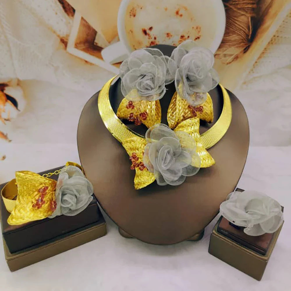 Woman Necklace Unique Gold Color Copper Cuff Jewelry Set Fashion Necklace Earring Ring Bracelet Wedding 38 Women's Day Gift