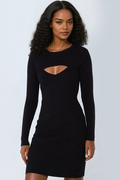 Black Ribbed Cut Out Round Neck Dress-0