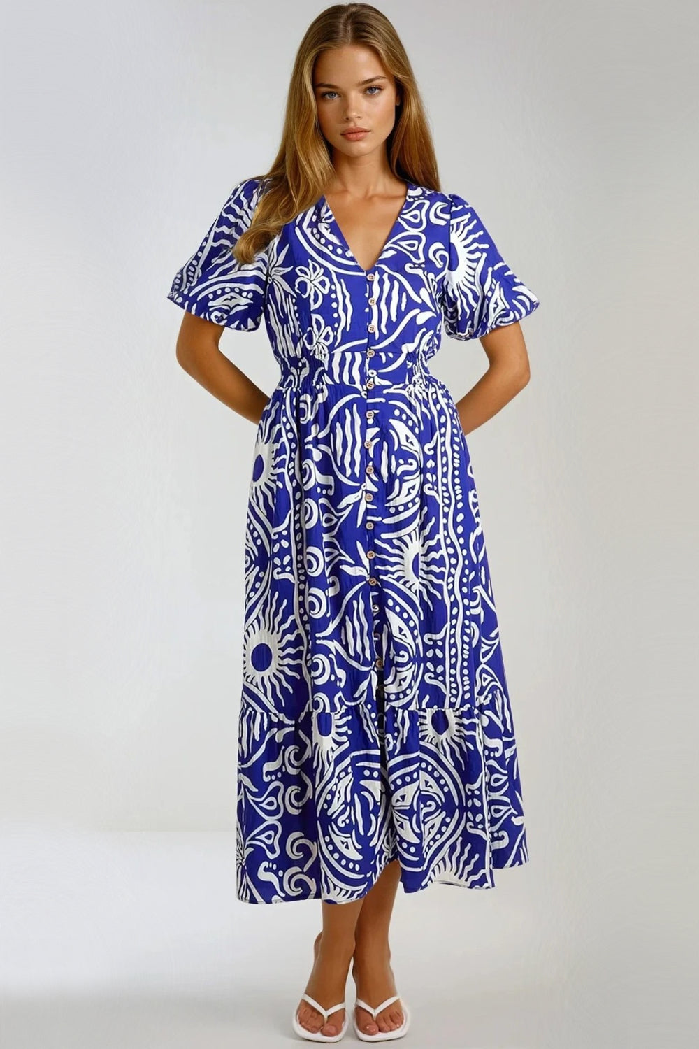 Royal Blue Puff Sleeve  Midi Dress-2