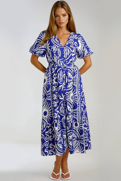 Royal Blue Puff Sleeve  Midi Dress-2