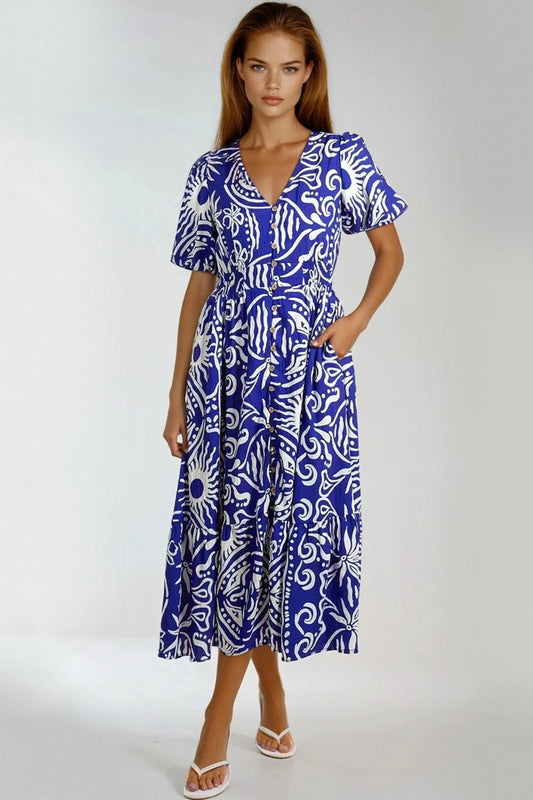 Royal Blue Puff Sleeve  Midi Dress-0