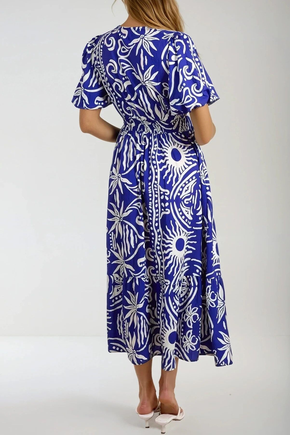 Royal Blue Puff Sleeve  Midi Dress-3