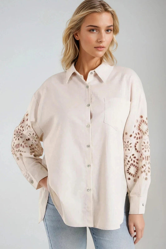 Beige Embroidered Sleeve Linen Blend Shirt-0