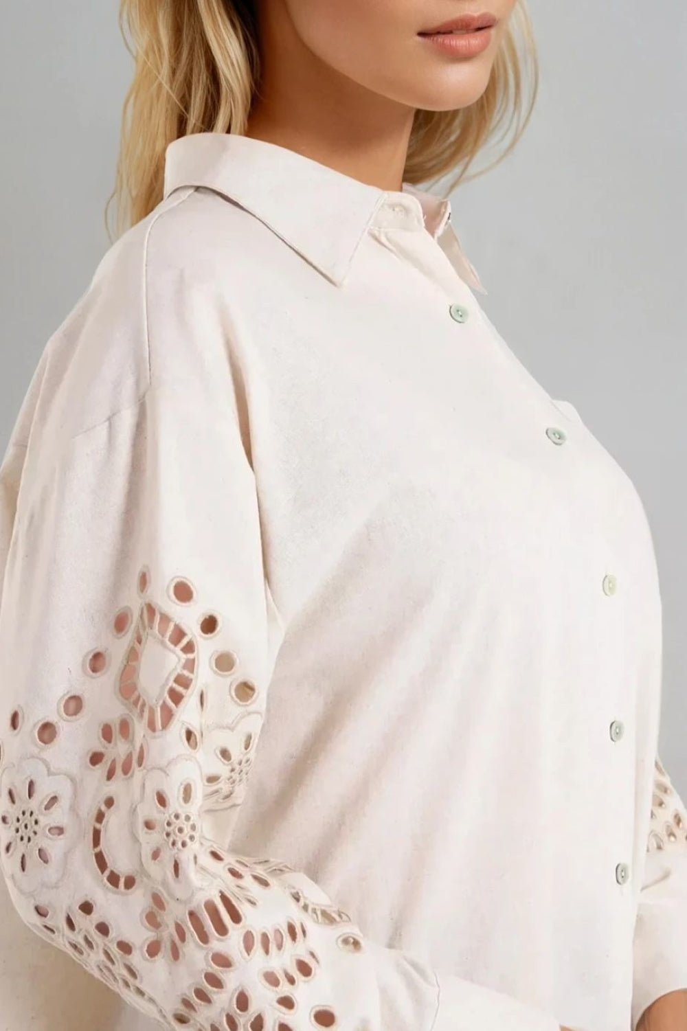 Beige Embroidered Sleeve Linen Blend Shirt-1