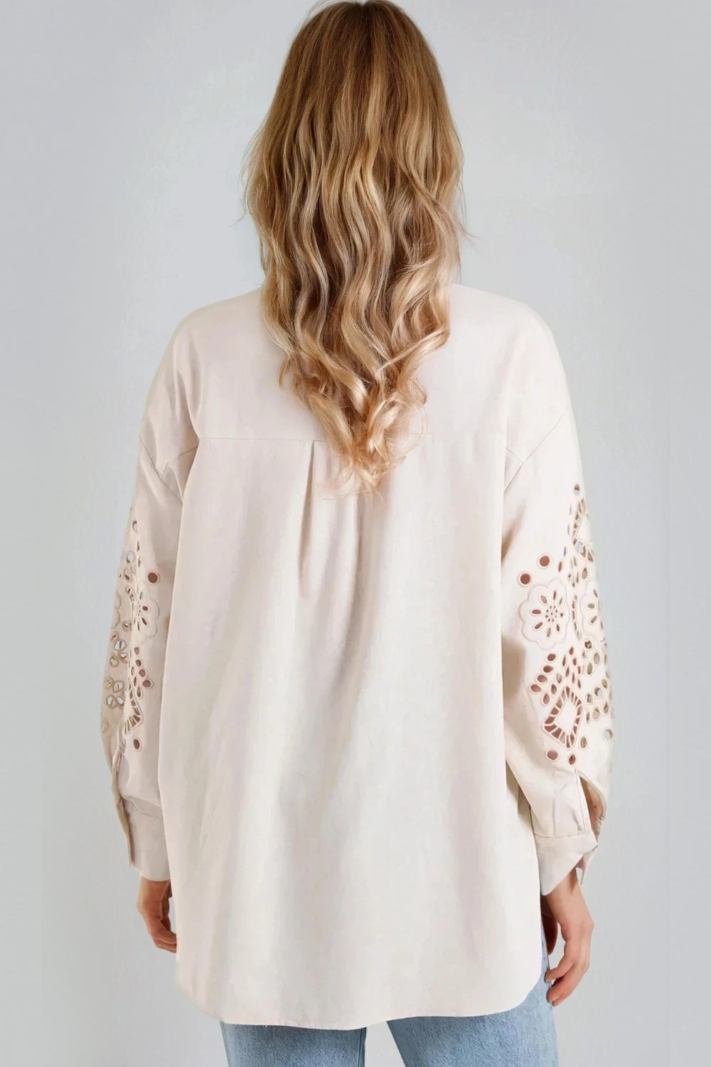 Beige Embroidered Sleeve Linen Blend Shirt-2