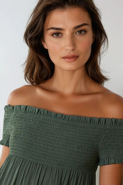 Khaki Bardot Shirred Mini Dress-1