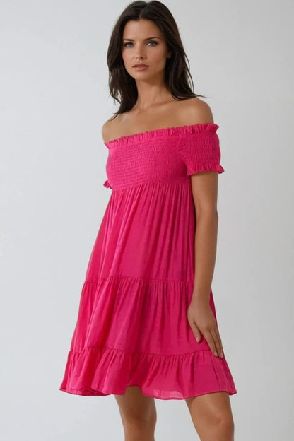 Fuchsia Bardot Shirred Mini Dress-1