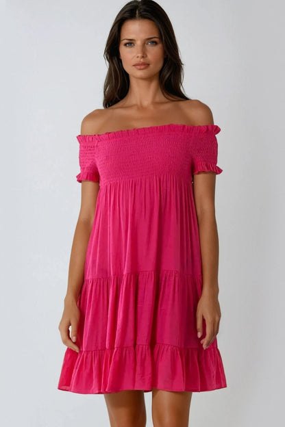 Fuchsia Bardot Shirred Mini Dress-0
