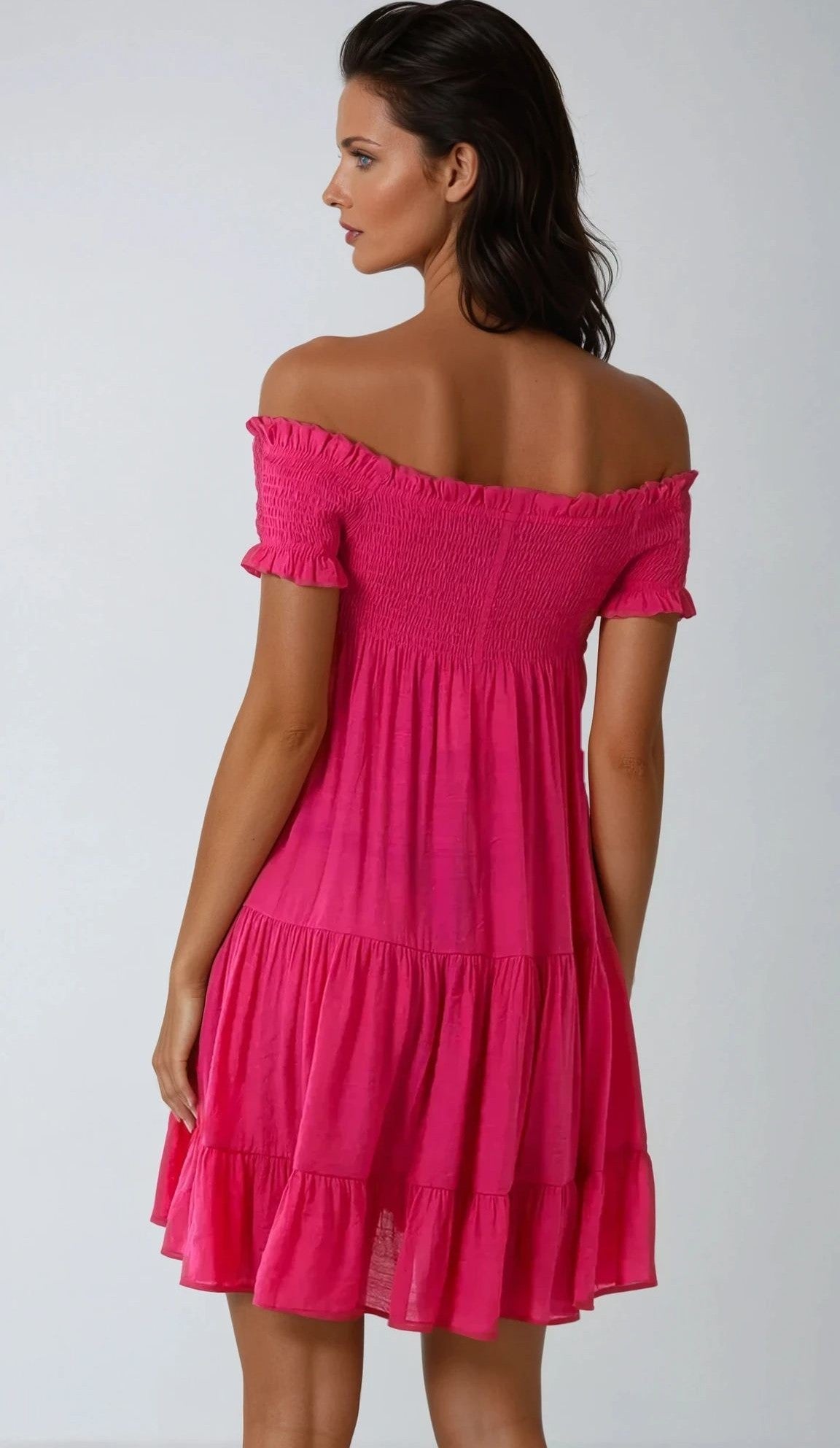 Fuchsia Bardot Shirred Mini Dress-2
