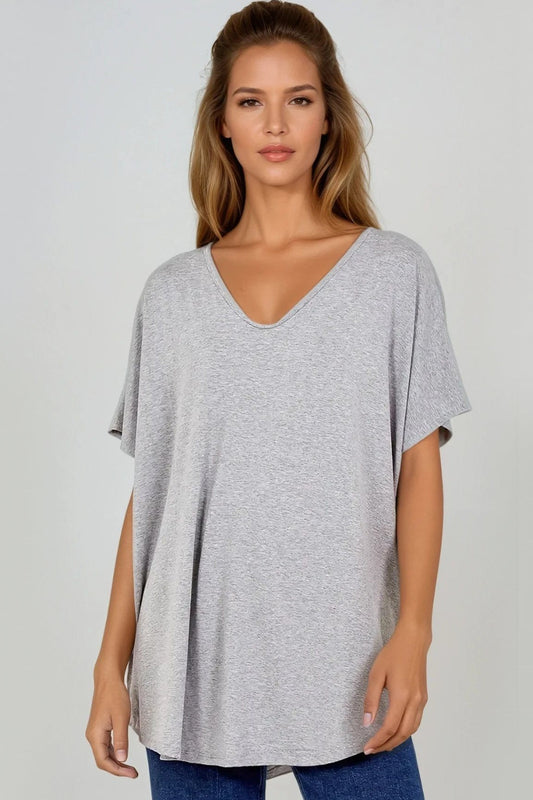 Grey Oversized V Neck T Shirt-0