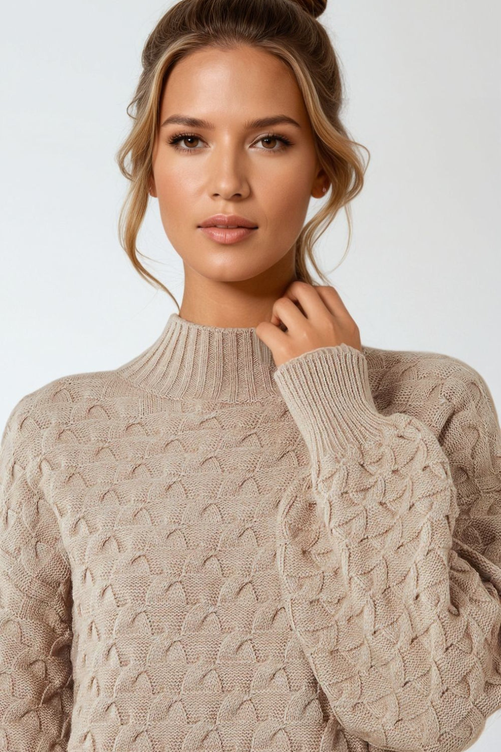 Beige Balloon Sleeve Knit Mini Dress-1