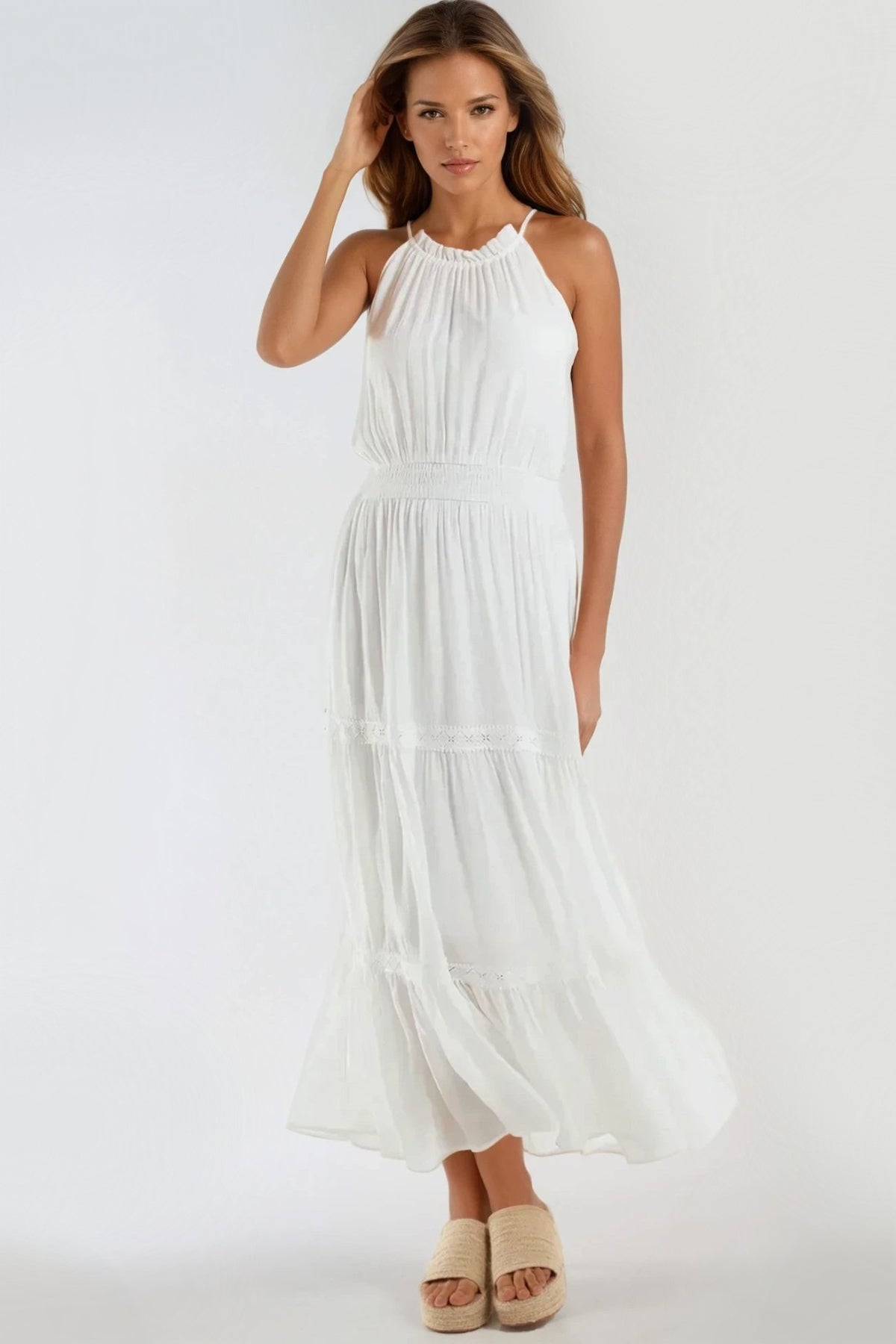 Ivory Tiered Halterneck Maxi Dress With Crochet Details-0