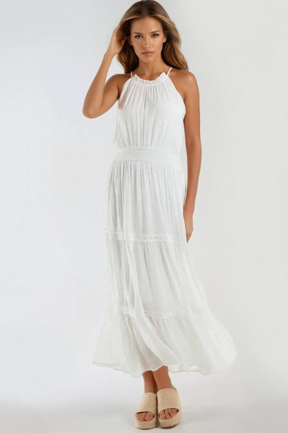 Ivory Tiered Halterneck Maxi Dress With Crochet Details-0