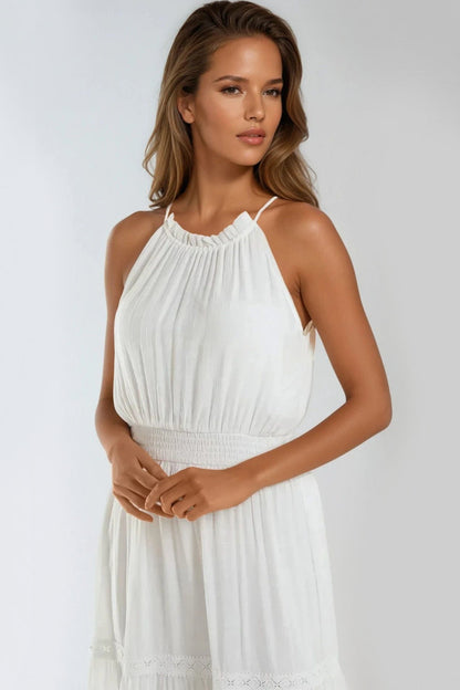 Ivory Tiered Halterneck Maxi Dress With Crochet Details-1