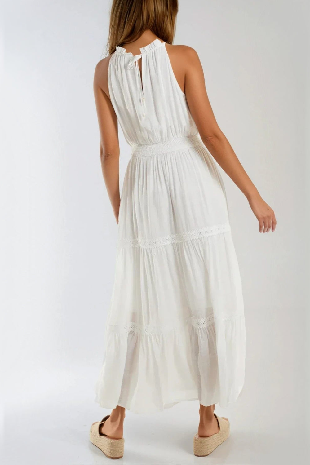 Ivory Tiered Halterneck Maxi Dress With Crochet Details-2