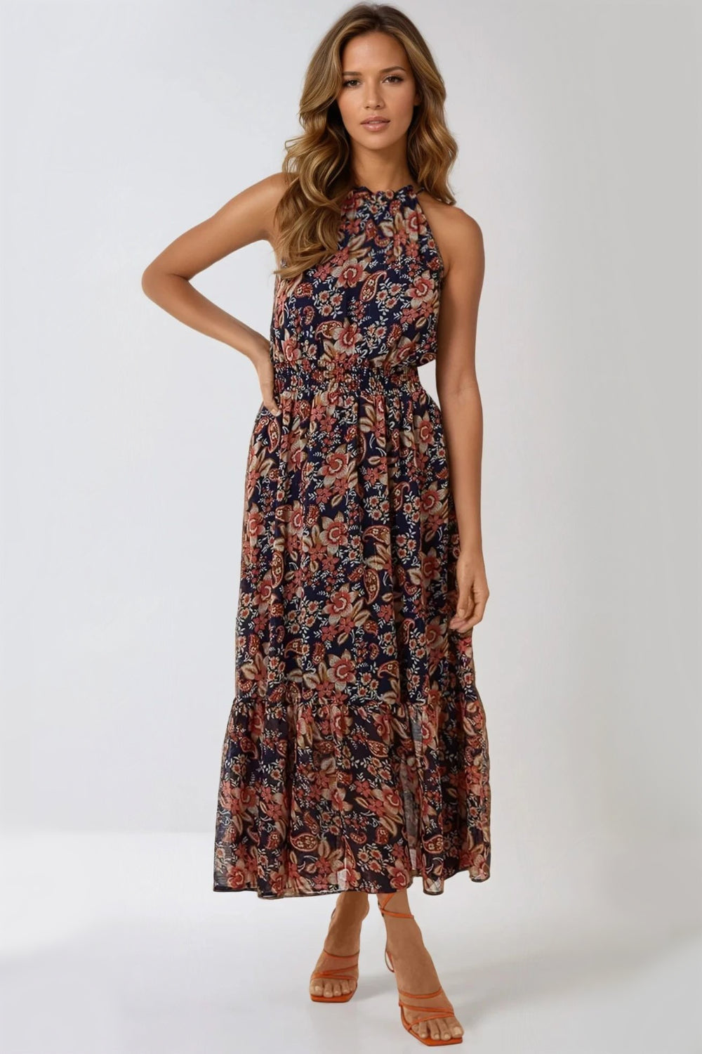 Navy Floral Print Halterneck Dress-0